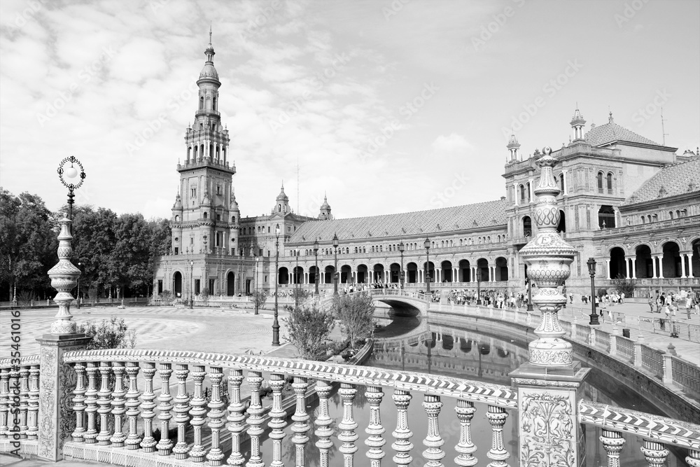 Plaza de Espana, Seville. Black and white vintage filter style.