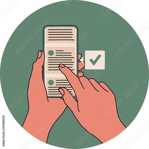 Hands holding a smartphone, a person scrolling social media feed and getting an alert informing that this news is trustworthy and honest. Flat style simple vector illustration