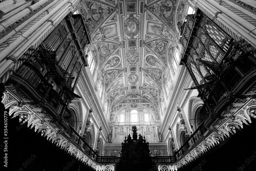 Cordoba - Mezquita cathedral. Black and white vintage filter style.