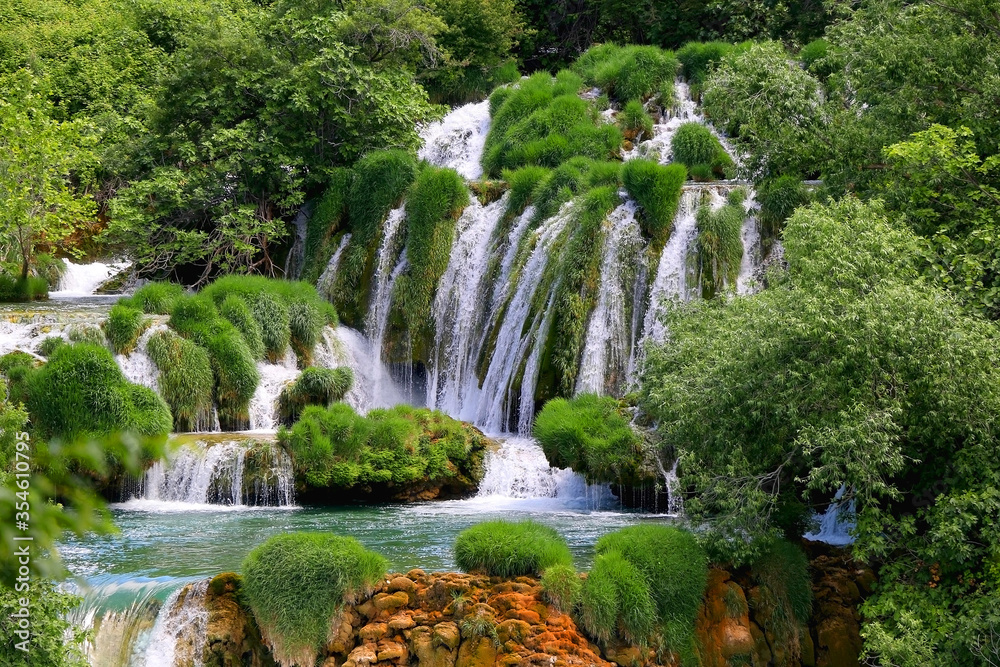 Beautiful waterfalls in National Park Krka, Croatia. Krka is popular summer travel destination.