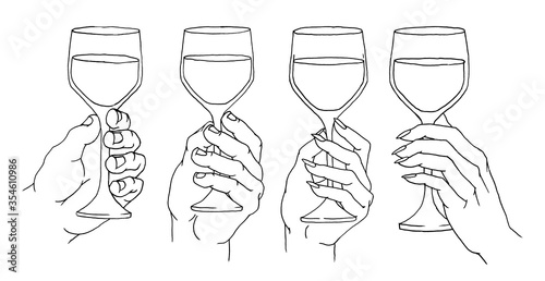 Male and female hand holding and clinking wine glass. Side and front view. Vintage vector black illustration