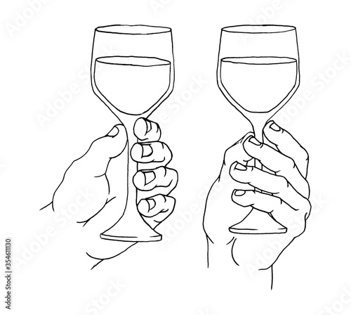 Man hand holding and clinking wine glass. Vintage vector black illustration