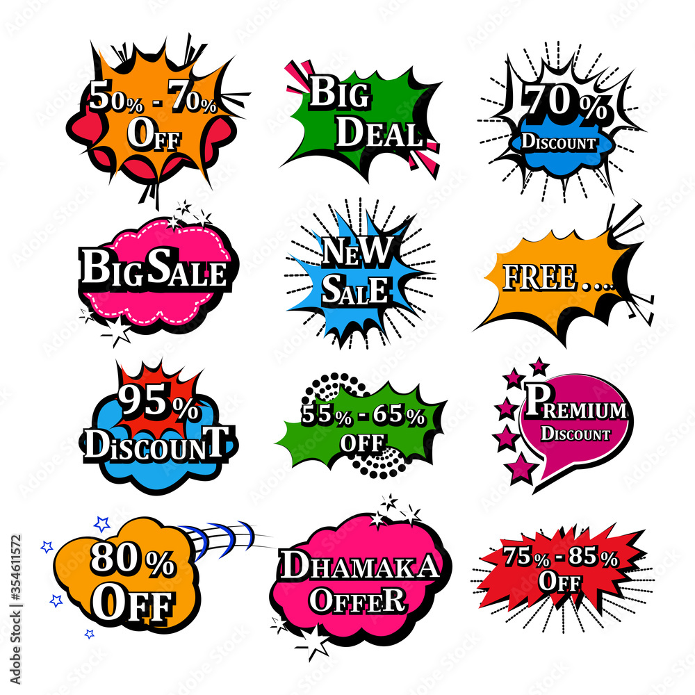 vector illustration of retro pop art comic style chat or speech bubble sound effect and expression for shopping sale and promotion discount offer