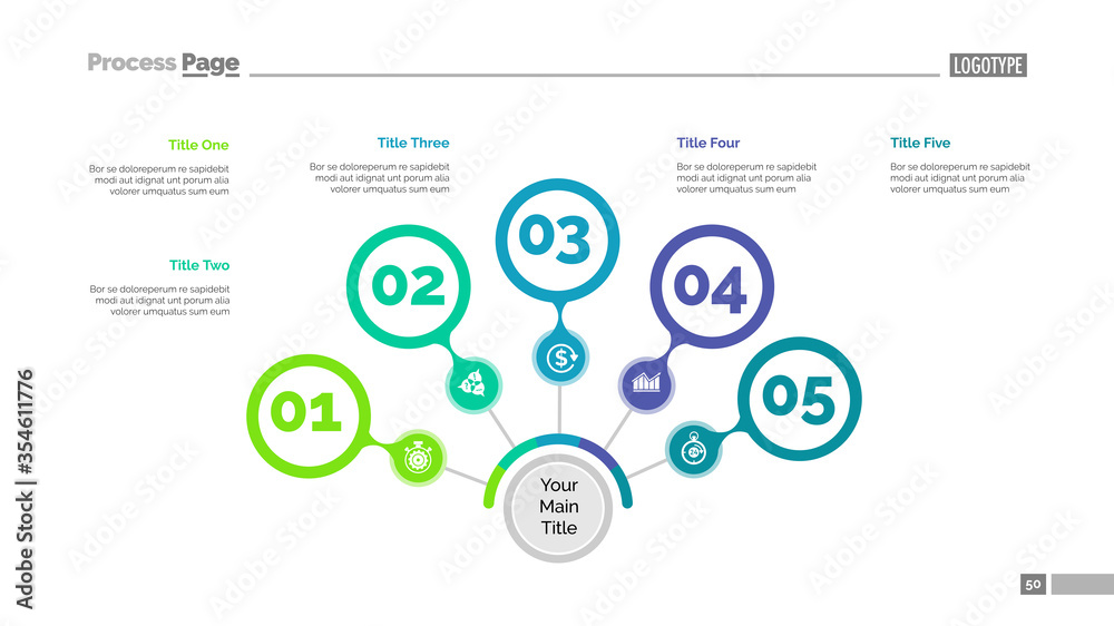 Five steps process chart slide template. Business data. Option, step ...