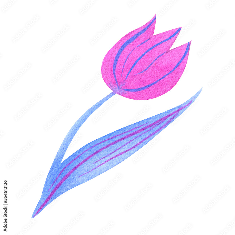 Hand drawn watercolor of decorative purple flower isolated on white.