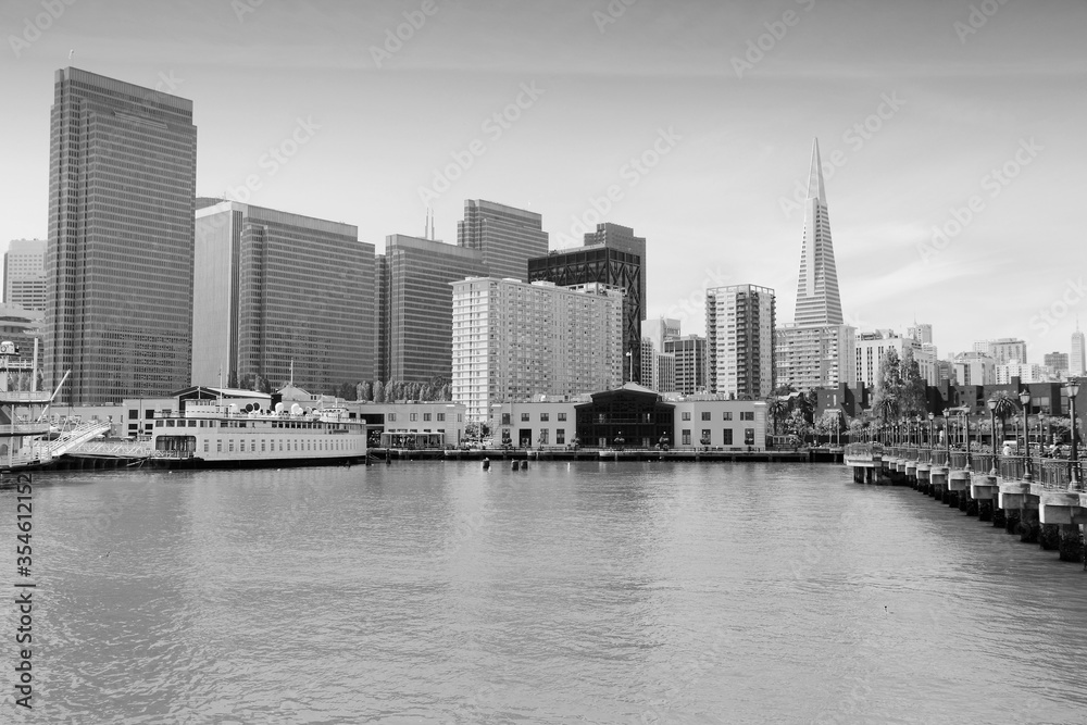 San Francisco skyline. Black and white vintage filter style.