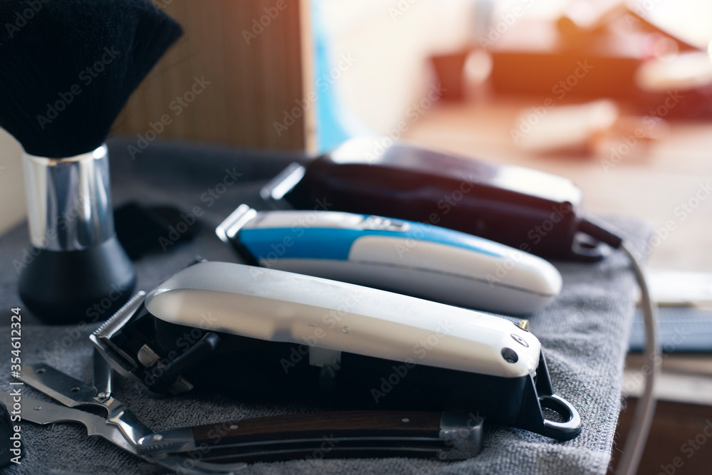 Various hair clippers in the barber shop,Electric hair clipper.Hair cutting tools