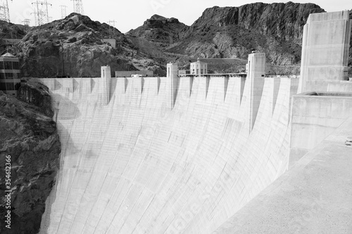 Hoover Dam, United States. Black and white vintage filter style.