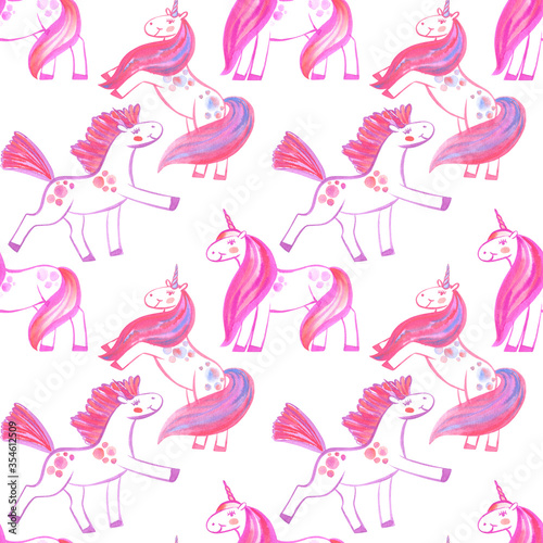 Seamless pattern of handpainted watercolor unicorns. Cute set on white background. Can be used for greeting cards, wedding invitations, decoration.