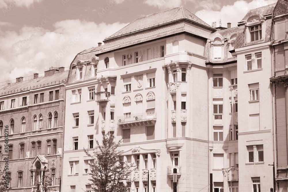 Budapest old architecture. Sepia toned retro filter photo.