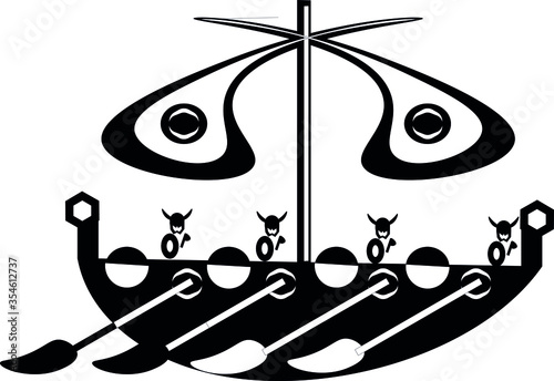 Viking soldiers and drakkar row boat vector