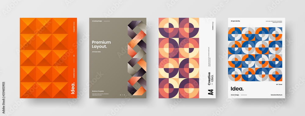 Fototapeta premium Company identity brochure template collection. Business presentation vector A4 vertical orientation front page mock up set. Corporate report cover abstract geometric illustration design layout bundle.