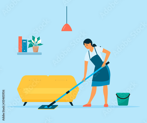Woman doing chores at home. Housewife cleaning the floor with mop and mop bucket