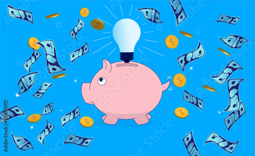 Money making idea - Piggybank with idea bulb over head and money falling from the sky. How to make money, business idea and personal finance concept. Vector illustration.