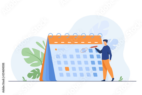 Businessman planning events, deadlines and agenda. Calendar, schedule, organization process flat vector illustration. Time management concept for banner, website design or landing web page