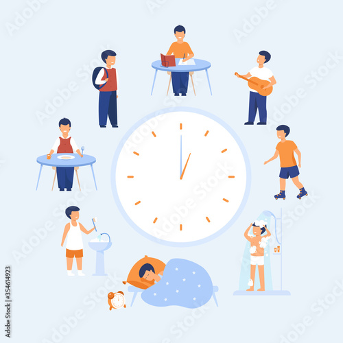 School child schedule. Clock with kids sleeping, eating, studying, resting, having shower flat vector illustration. Daily routine concept for banner, website design or landing web page