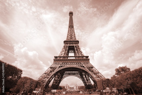 Eiffel Tower, Paris. Sepia toned vintage filter photo.