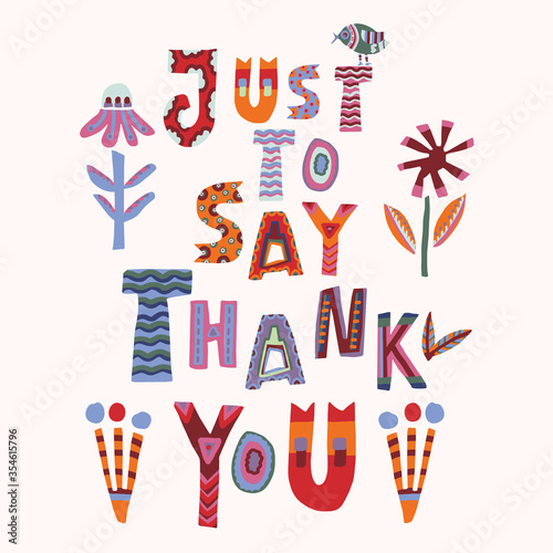 
Bright floral thank you greeting card template  background. Cute hand drawn collage lettering, flowers and bird. Scandi doodle floral gratitude appreciation notecard. Creative vector isolated