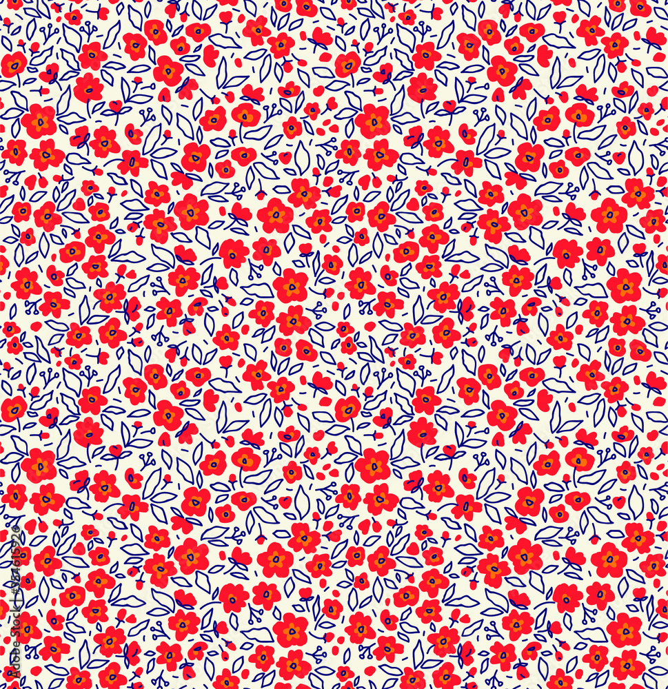 Simple cute pattern in small red flowers on white background. Liberty style. Ditsy print. Floral seamless background. The elegant the template for fashion prints.