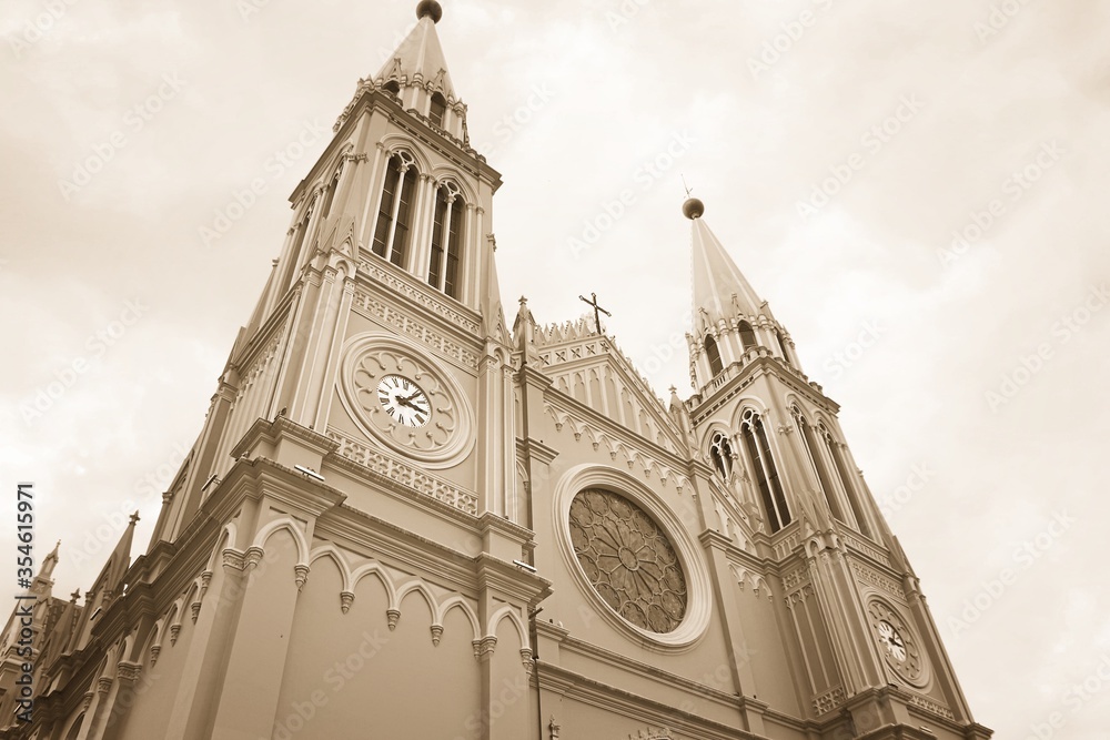 Curitiba Cathedral, Brazil. Sepia toned vintage filter photo.