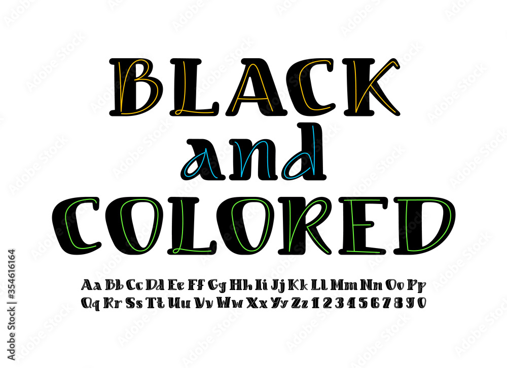 Black rounded font with colored line, alphabet in the cartoon style, uppercase and lowercase Latin letters from A to Z and Arab numbers from 0 to 9, vector illustration 10EPS