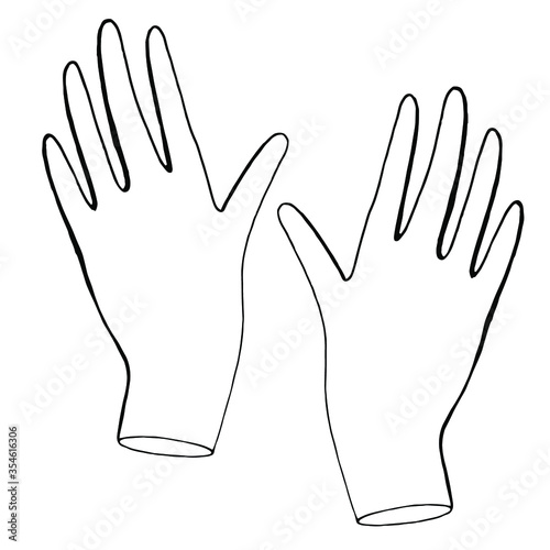 Line art black and white disposable nitrile gloves. Protective wear for hair coloring. Hairdresser equipment vector illustration for icon, label, certificate, brochure, coupon or banner decoration