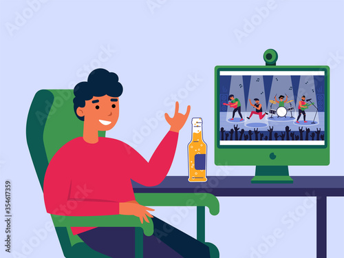 Young man watching concert online on computer. Man resting at home with beer in quarantine flat vector illustration. Internet and isolation concept for banner, website design or landing web page