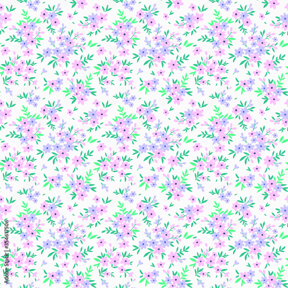 Simple cute pattern in smallpink and lilac flowers on white background. Liberty style. Ditsy print. Floral seamless background. The elegant the template for fashion prints.