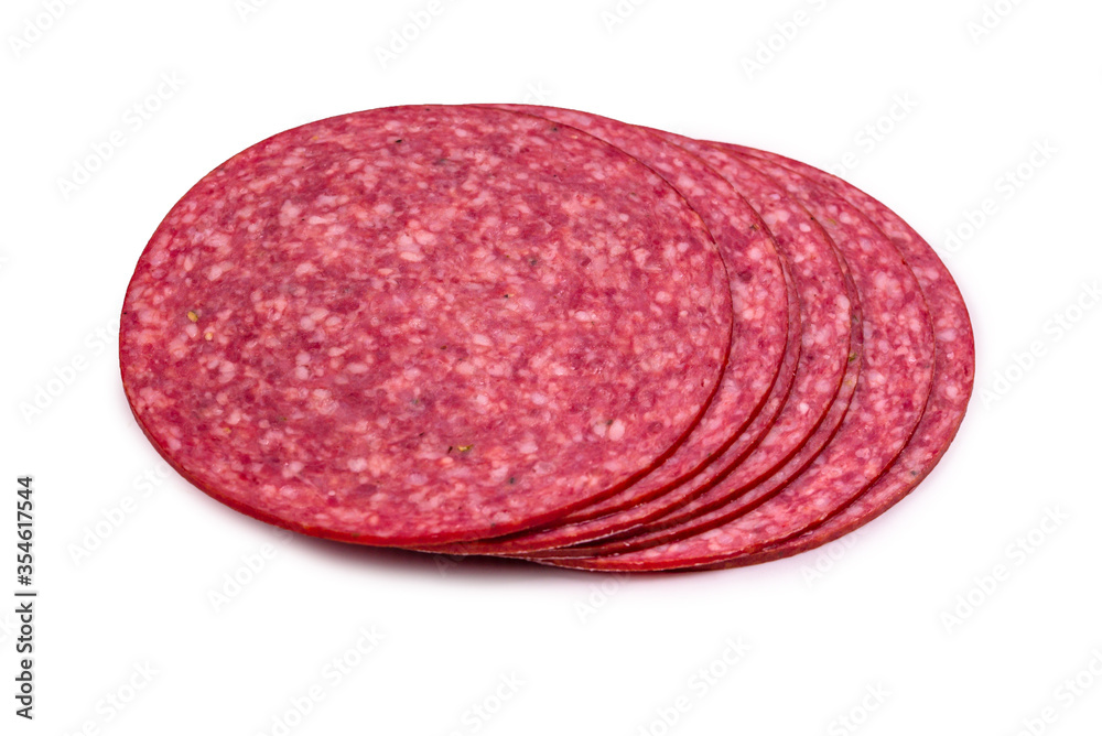 Tasty salami slices isolated on white Tasty salami slices isolated on white