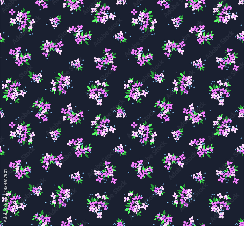 Cute floral pattern in the small flower. Ditsy print. Motifs scattered random. Seamless vector texture. Elegant template for fashion prints. Printing with small purple flowers. Dark blue background.