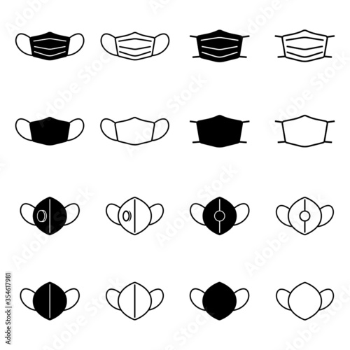 Set of face mask icons. Protective surgical and FFP masks or respirators with and without valve. Vector Illustration
