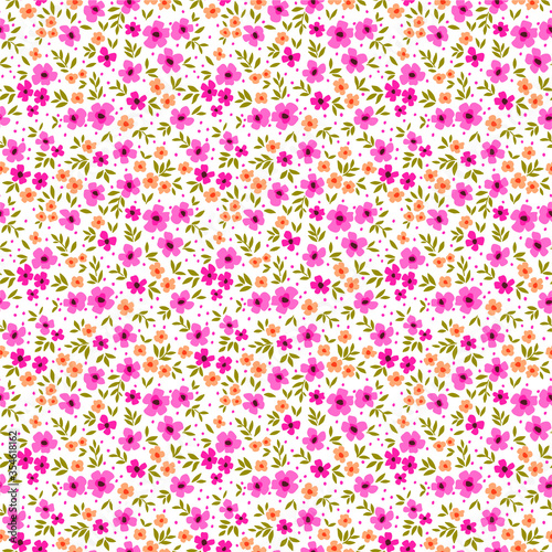 Floral pattern. Pretty flowers on white background. Printing with small pink and yellow flowers. Ditsy print. Seamless vector texture. Spring bouquet.