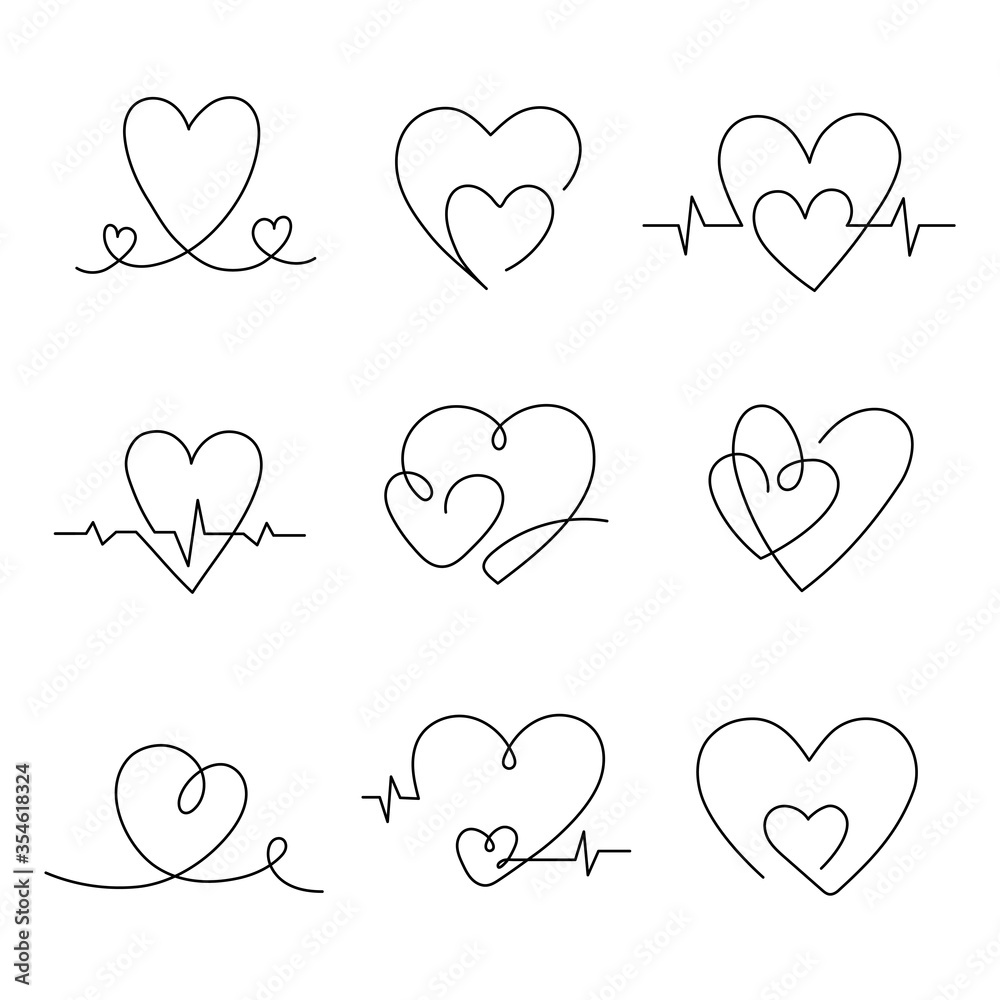 Set line illustration for hearts. Simple drawing vector illustrations.