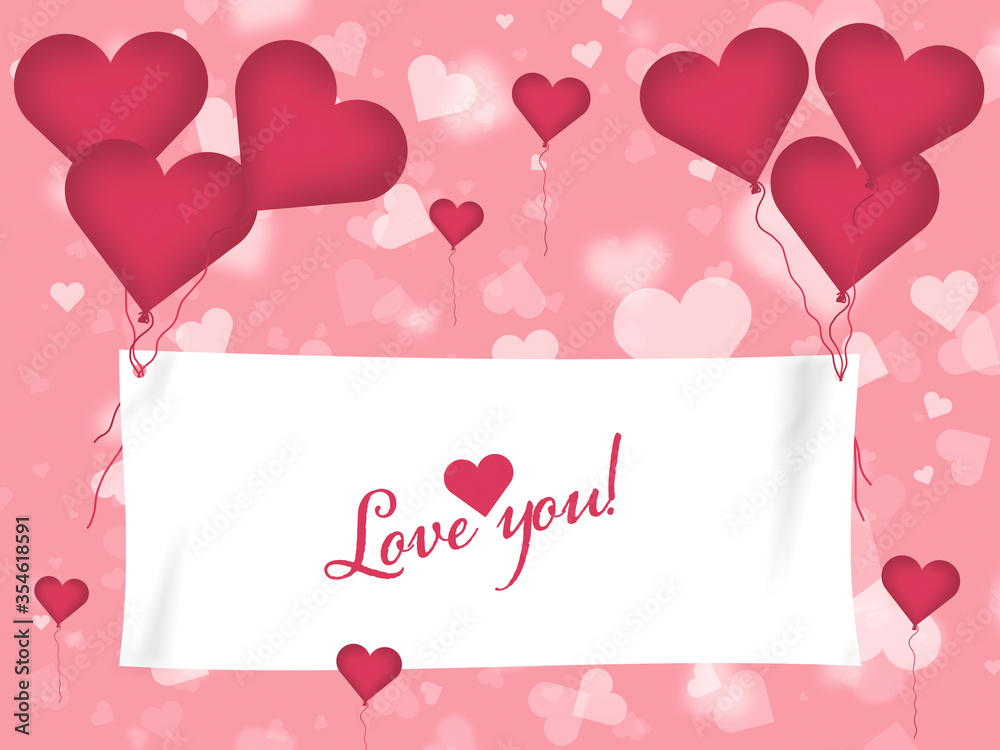 Flying baner with pink hearts on a background. 