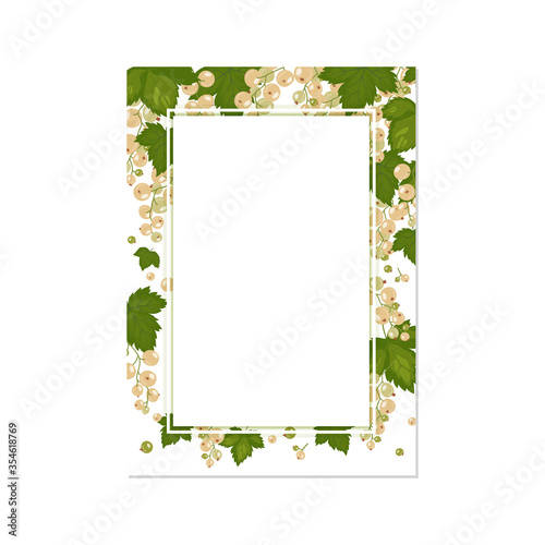 The leaves, branches and berries of white currant hang from top to bottom. Background frame for the design of cards, invitations and recipes for jam