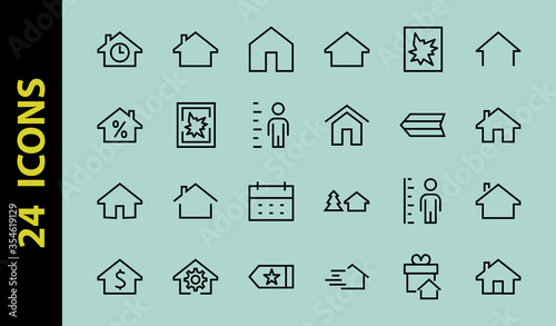 Simple set of line vector home icons. Contains house symbols at interest, infuse house and more. Editable stroke. 480x480 pixels perfect