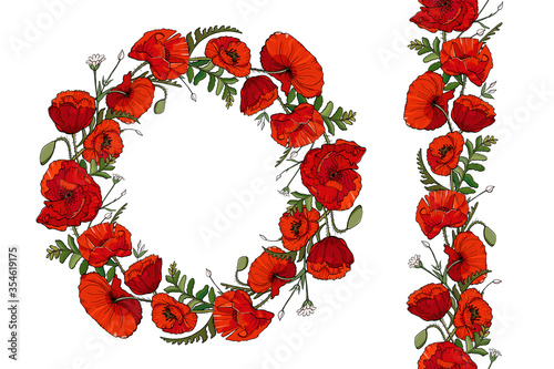 poppy flower wreath and seamless brush