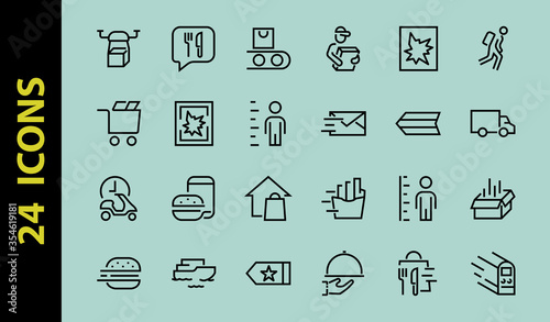 PIZZA DELIVERY, and Food Icon Set Vector thin line, contains courier, home delivery, food ordering, fast transport, drone, ship, car, editable stroke. ICONS circuits
