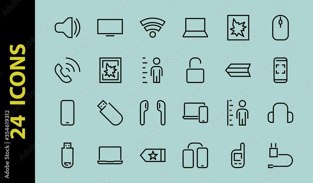 A set of smart devices and gadgets, computer hardware and electronics. Electronic devices icons for web and mobile vector lines. computer, telephone. Editable stroke. 48x48 pixels A set of smart devices and gadgets, computer hardware and electronics. Electronic devices icons for web and mobile vector lines. computer, telephone. Editable stroke. 48x48 pixels