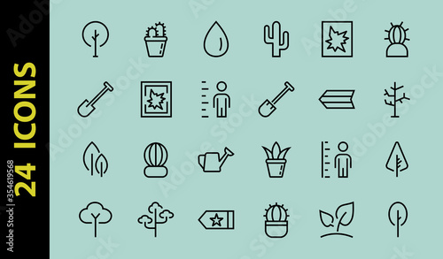 A set of Rosteniya Icons, and garden care, Vector illustration, Contains Icons such as tree, cactus, watering can, spade, flower and much more. on a white background, editable bar 480x480