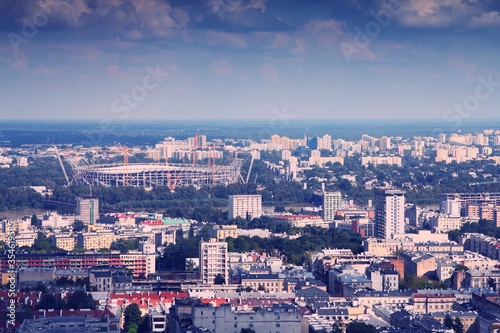 Warsaw city aerial view. Retro filter toned color image.