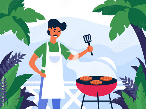 Man cooking steak on barbecue grill outdoors. Man wearing apron preparing meat flat vector illustration. Barbecue party concept for banner, website design or landing web page