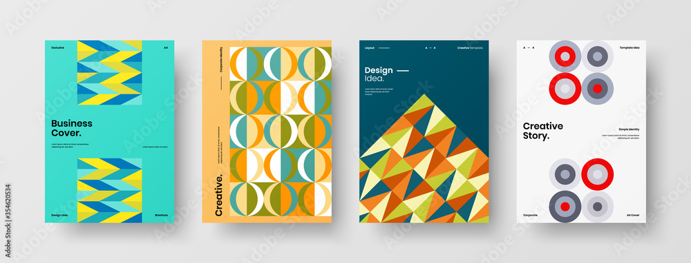 Obraz premium Company identity brochure template collection. Business presentation vector A4 vertical orientation front page mock up set. Corporate report cover abstract geometric illustration design layout bundle.
