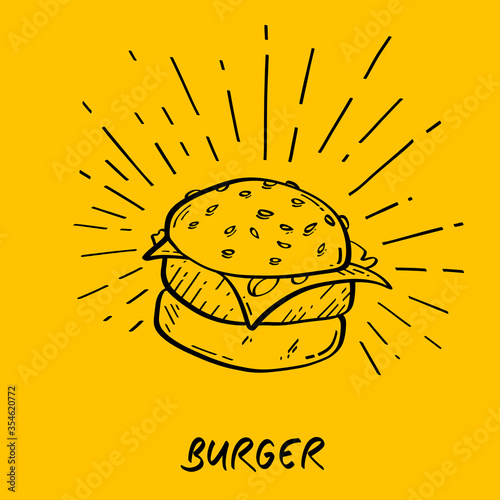 Black and yellow Burger, fast food vector illustration. Poster template for restaurant, burger house