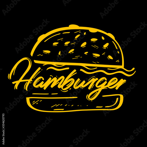 Black and yellow Burger, fast food vector illustration. Poster template for restaurant, burger house