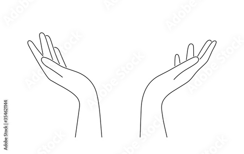 Hand drawn outline cupped hands illustration. Raised hands vector concept. Volunteering charity, votes, support, hope and peace. Vector human open hands isolated on white background