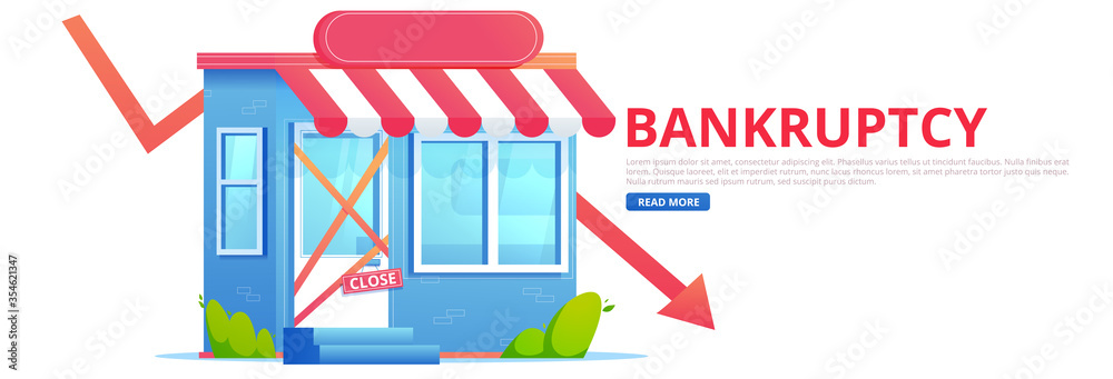 Closed bankruptcy store with falling arrow. Flat vector banner