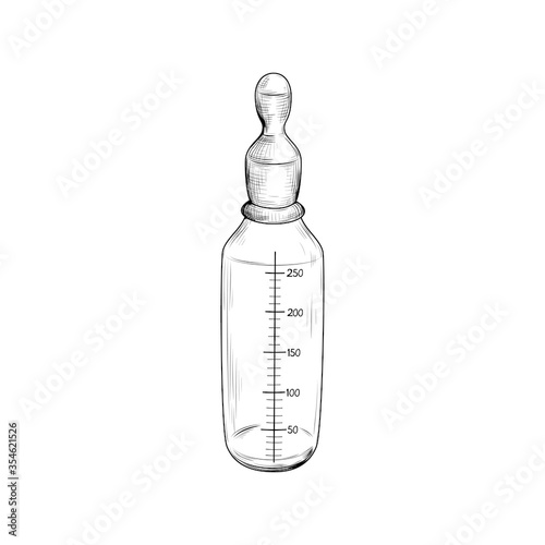 .Vintage baby milk bottle. Engraved vector sketch. Ink drawing object on a white background. Retro.    .