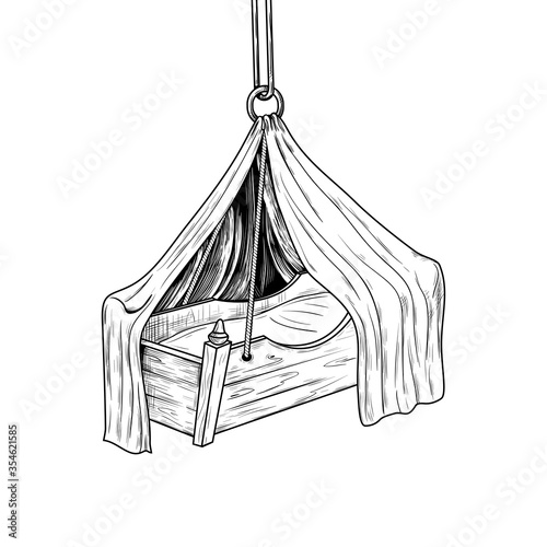 .Vintage hanging baby cradle with canopy. Engraved vector sketch. Ink drawing object on a white background. Retro. Nursery interior.