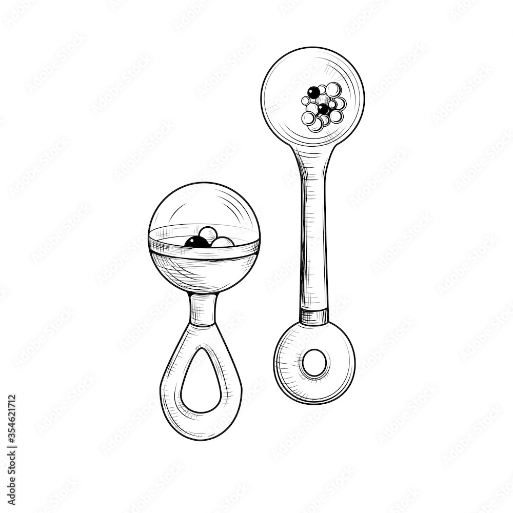 .Vintage baby rattle toy . Engraved vector sketch. Ink drawing object